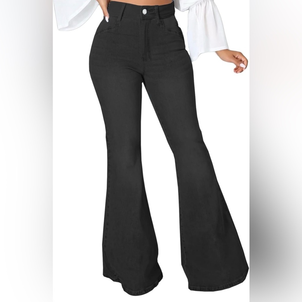 Black Washed Flare Jeans – Women’s Large – High Waist Bell Bottom – Stretch
